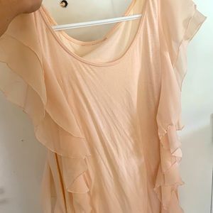 H&M long pink ruffled shirt.